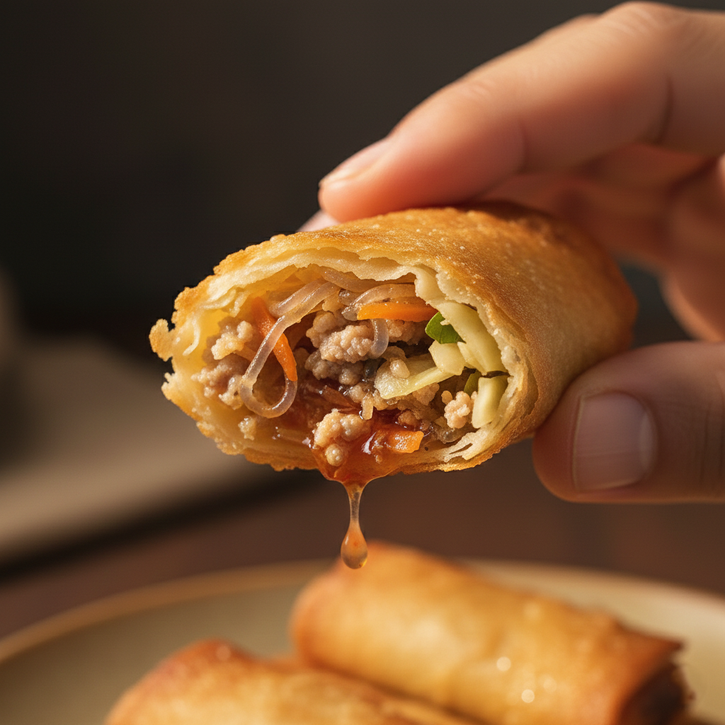 A crispy spring roll bitten in half showing juicy filling and steam