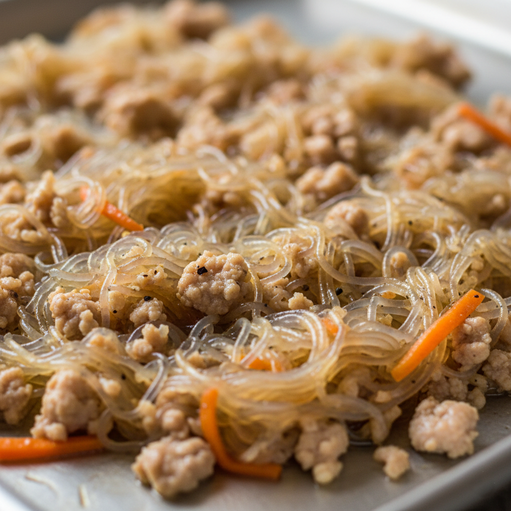 A tray of cooked filling with glass noodles pork and carrots cooling down