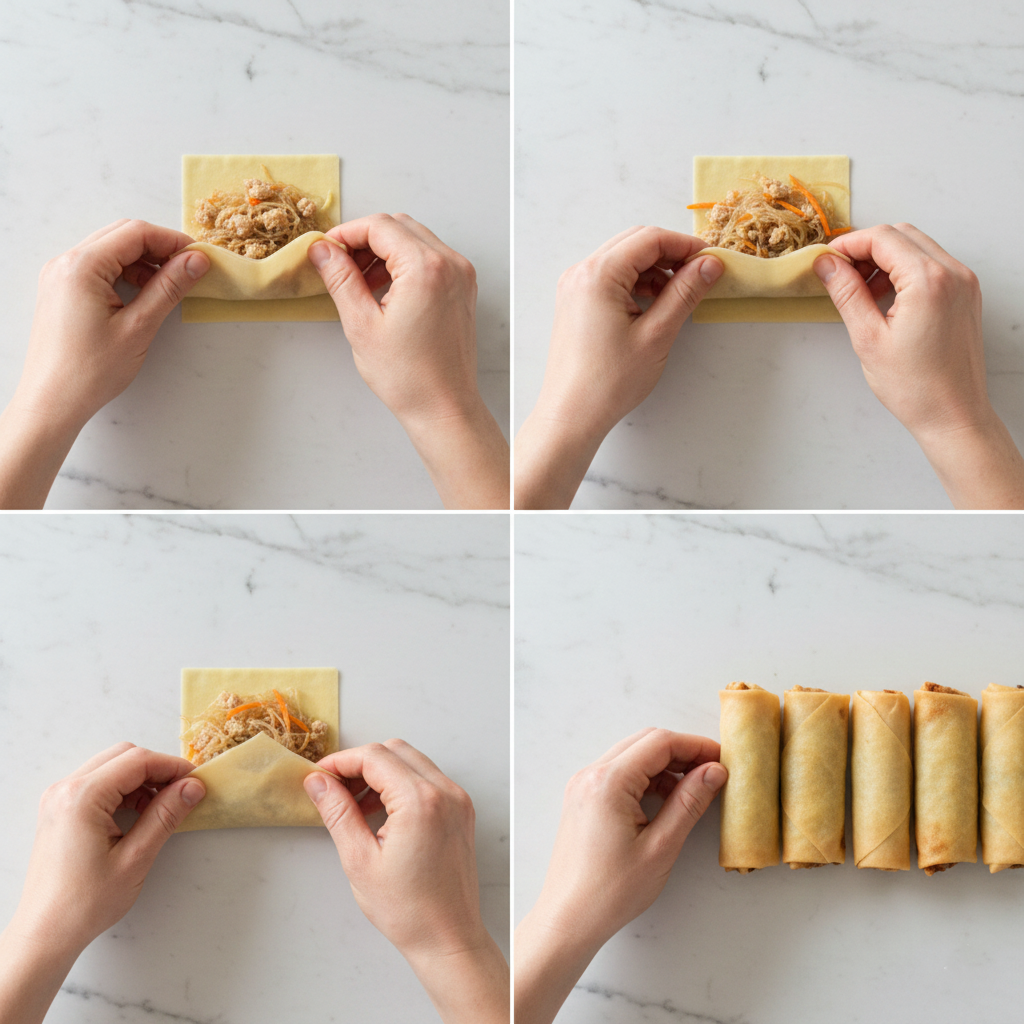 Step by step collage of how to roll a spring roll