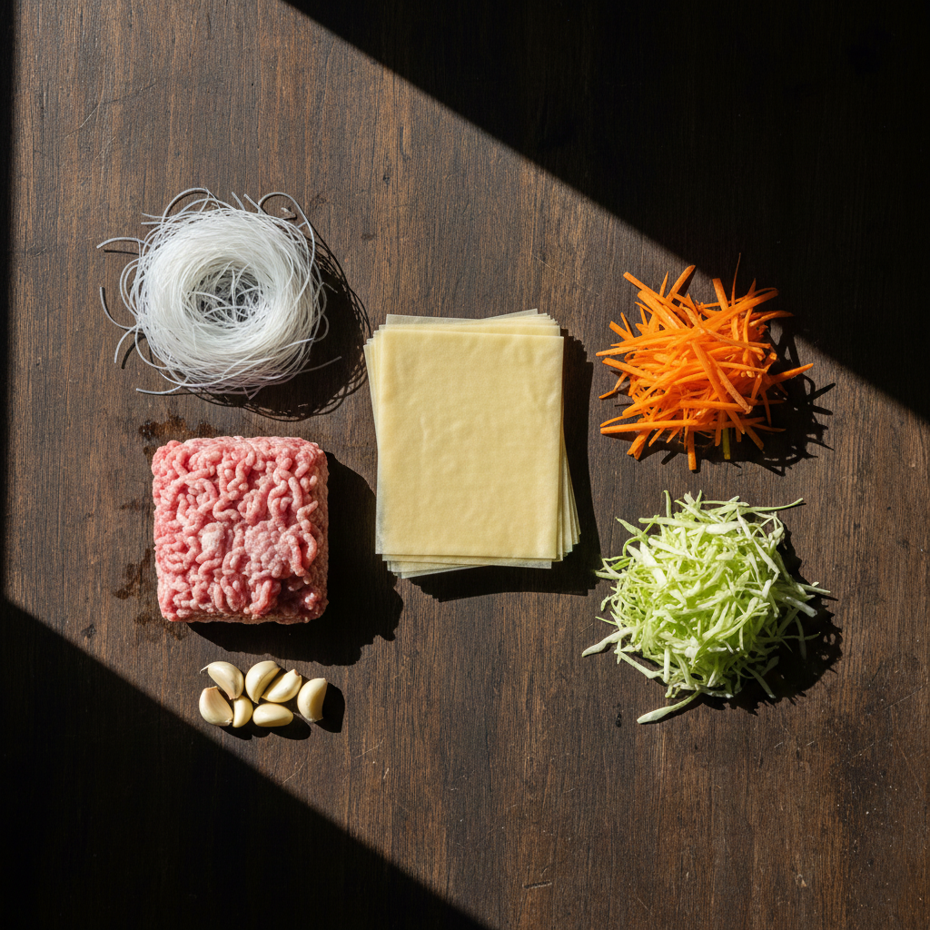 Fresh raw ingredients including glass noodles, ground pork, cabbage and wrappers