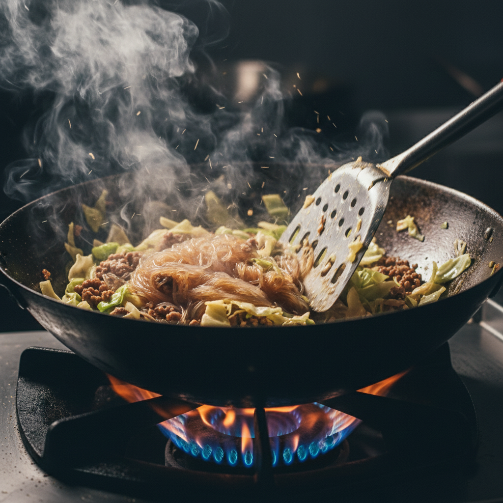 Close up of sizzling wok with garlic pork and vegetables